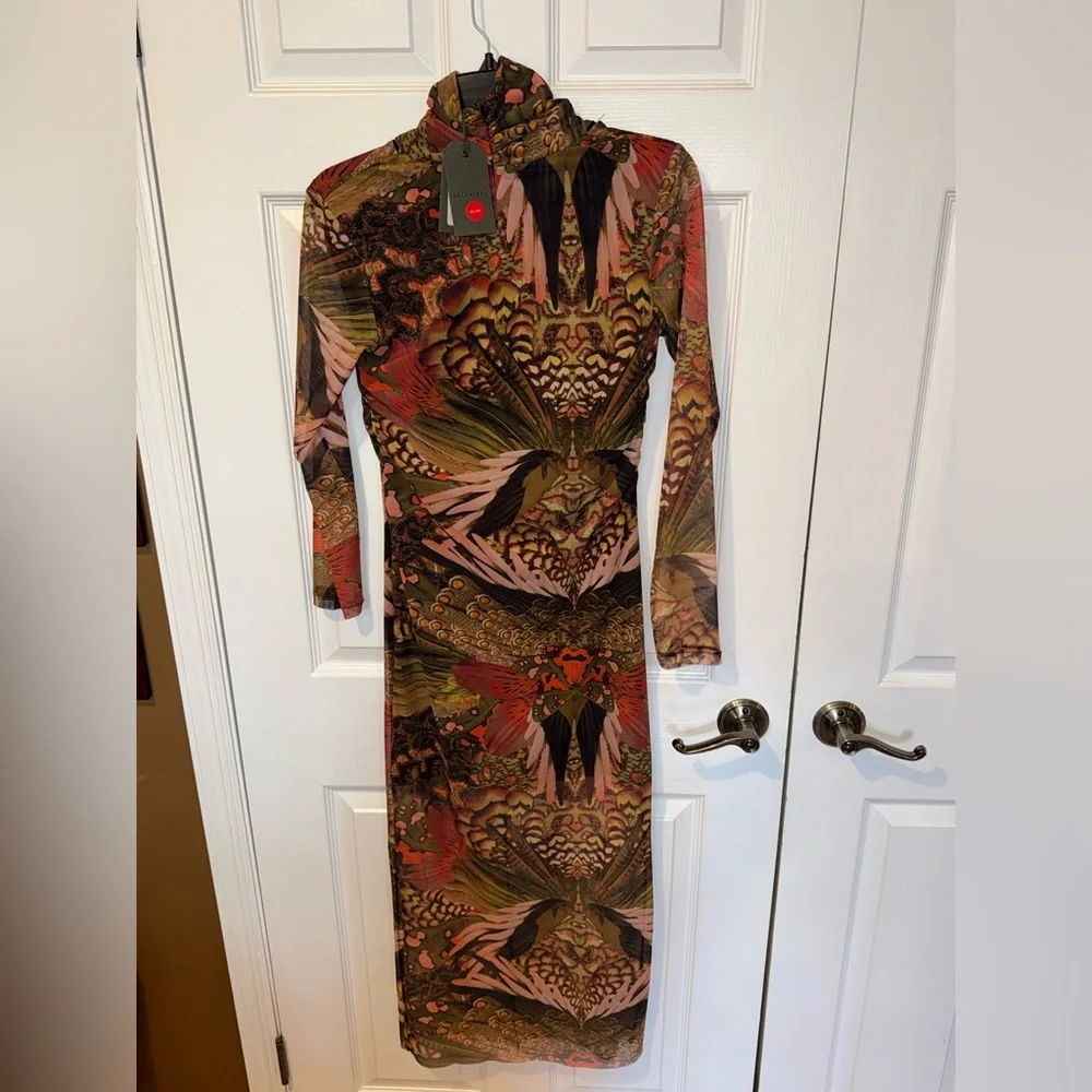 All Saints Long Sleeve Printed Bodycon Dress - Olive, Rust & Pink - Picture 6 of 8